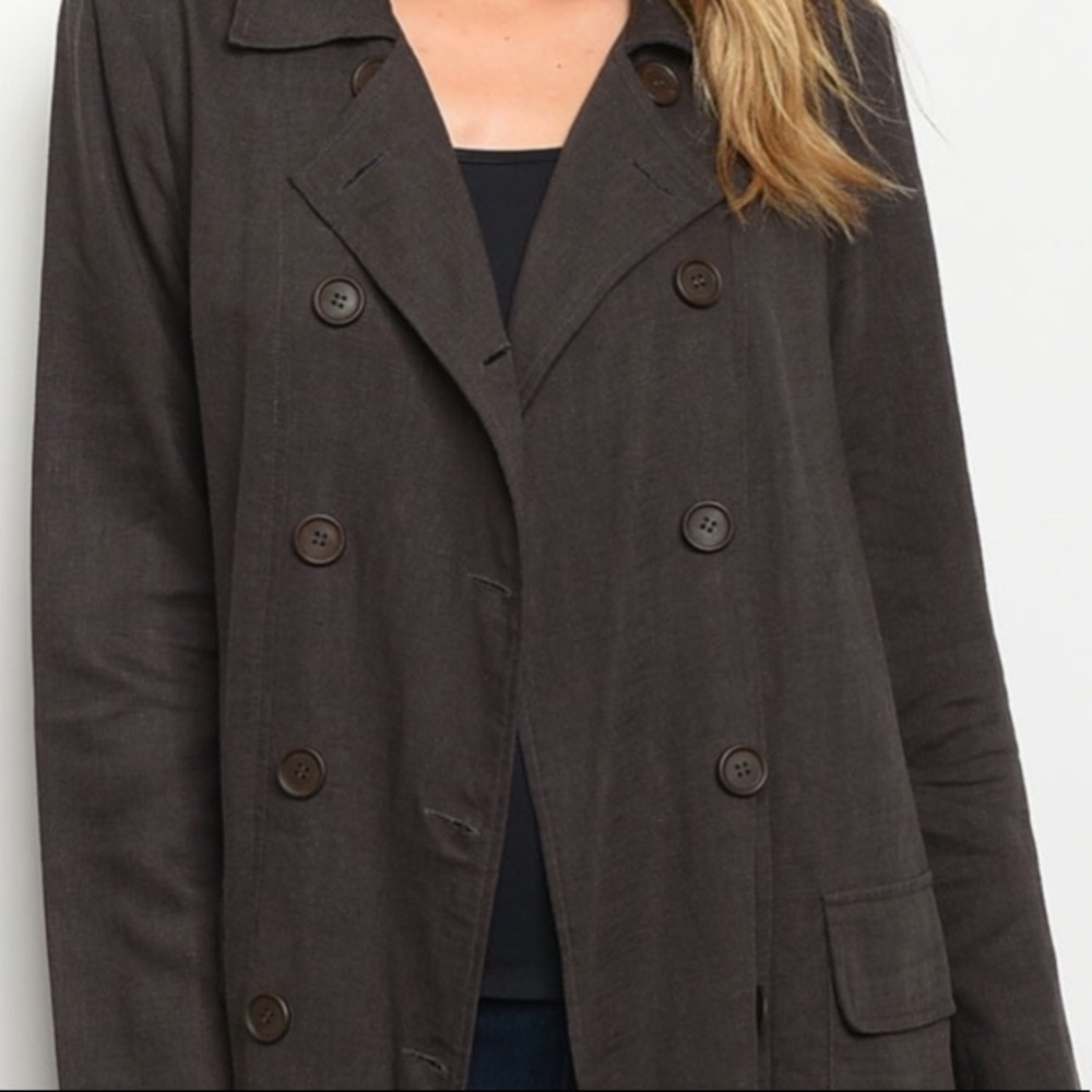 Charcoal Black Button Down Trench Jacket - Picture 3 of 9